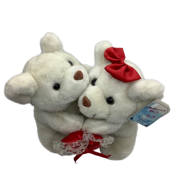 Vtg Plush Bears Couple White Valentines Hearts Roses Tie Bow 9" Clean Rare - Picture 11 of 11